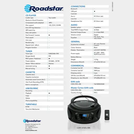 Radio Portátil DAB DAB+ FM, Reproductor CD-MP3, USB, AUX-IN, CDR-375D+/BK Roadstar