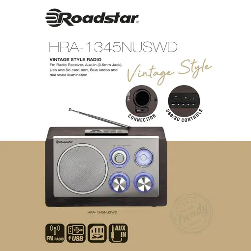 Radio Portátil Vintage FM Analógica, Puerto USB - MP3, SD, HRA1345NUSWD Roadstar