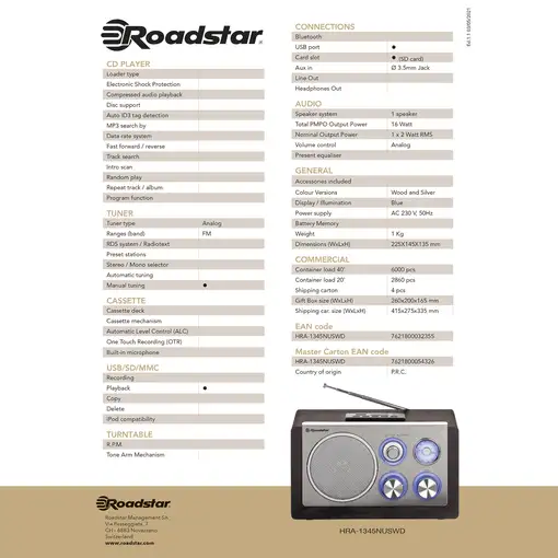 Radio Portátil Vintage FM Analógica, Puerto USB - MP3, SD, HRA1345NUSWD Roadstar