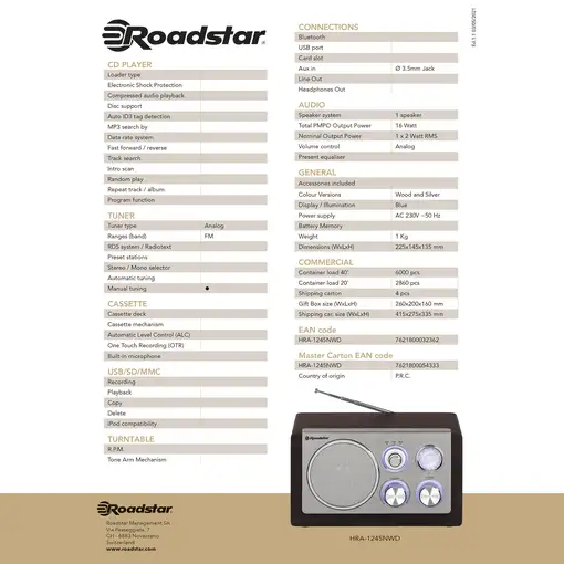 Radio Portátil Vintage FM Analógica Retro, Potente Altavoz, HRA1245NWD Roadstar