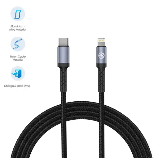 Cable de datos Tellur Lightning a tipo C, 3A, PD30W, 2m, nylon, negro