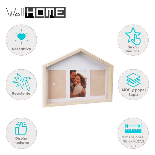 Well Home Marco de fotos en forma de casa con diseño natural 36,6x4x27,2cm 3 fotos