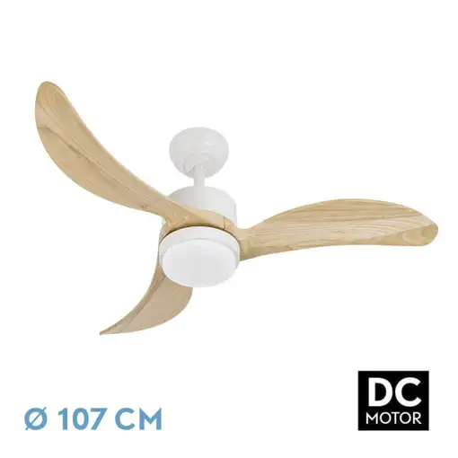 Ventilador DC Bembezar blanco/haya 107cm, LED, 3 aspas, 6 velocidades