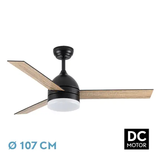 Ventilador DC Legio negro/roble LED 26W, 3 aspas y mando