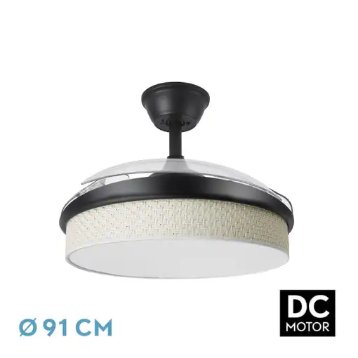 Ventilador DC Moda negro/cañizo blanco LED 91 cm con mando