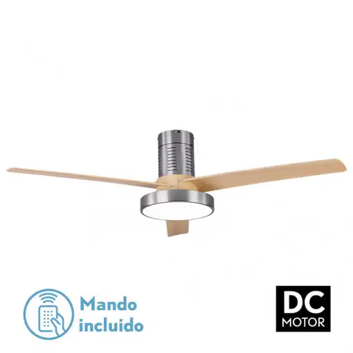 Ventilador LED níquel/haya, 6 vel., con mando y temporizador