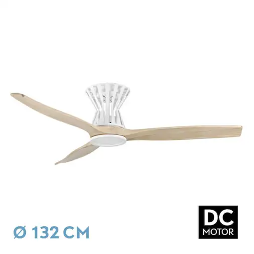Ventilador LED blanco/haya, 6 vel., con mando y temporizador