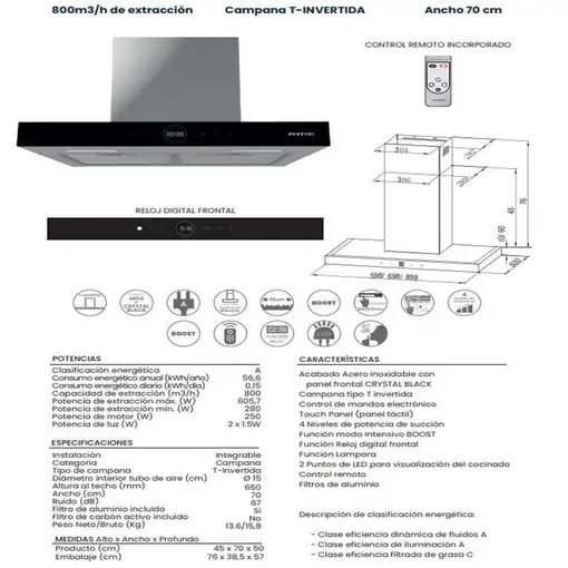 Campana CMPT-A70I , Inox, Ancho 70cm, 800m³/h, 4 velocidades INFINITON