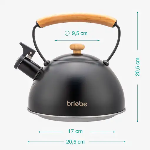 Tetera con Silbato, Hervidor Agua 2,3L, Inducción, Acero Inox, Negro Wooden Briebe
