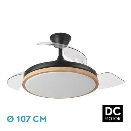 Ventilador DC Evros Negro/Haya 72W 3 aspas Desplegables, LED regulable, remoto