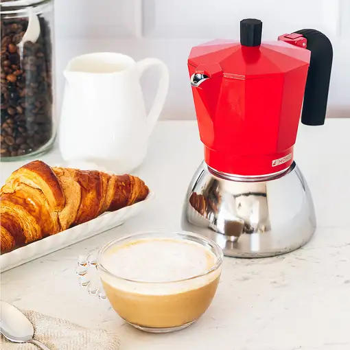 Cafetera Italiana roja Induction inox, tecnologia Bi-clad, mango termoresistente, apta para todo tipo de cocinas MONIX, 9 tazas