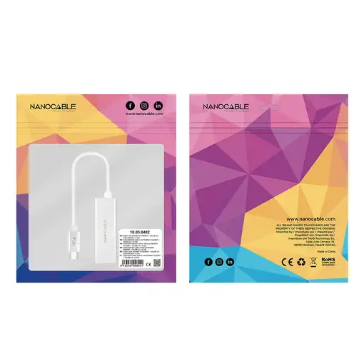 Nanocable Conversor USB-C A Ethernet Gigabit 10/100/1000 Mbps. 15cm
