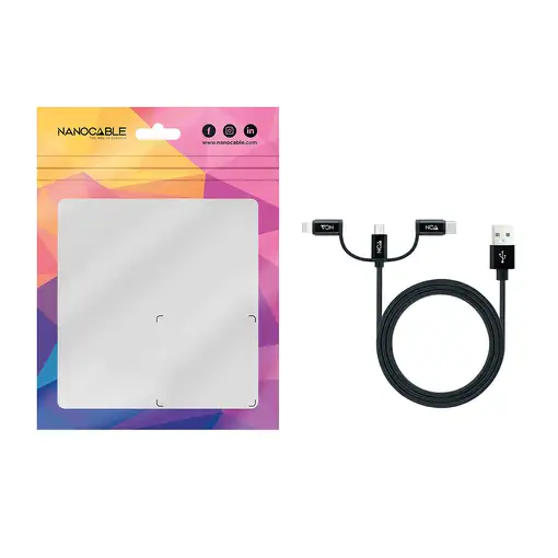 Nanocable Cable USB 3 en 1 Carga/Datos USB-A a USB-C/Micro USB/Lightning 1 m, Negr