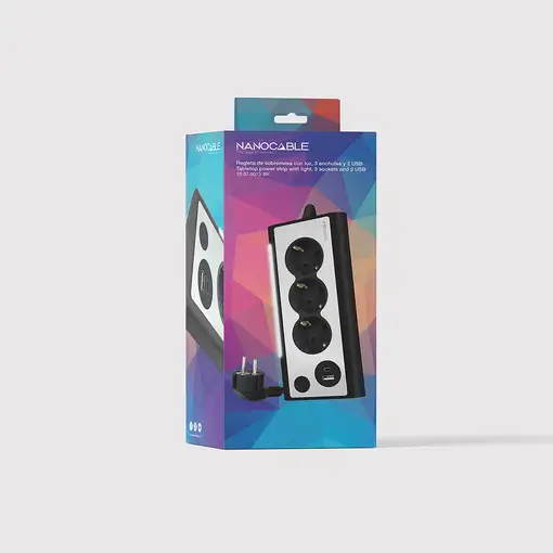 Nanocable Regleta de Sobremesa con 3 Tomas de Tierra y 2 USB´s con Luz, Negro