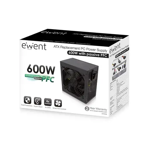 Ewent EW3908 unidad de fuente de alimentación 600 W 20+4 pin ATX ATX Negro