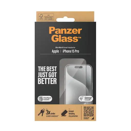 PanzerGlass ® Screen Protector iPhone 15 Pro | Ultra-Wide Fit w. EasyAligner Prote