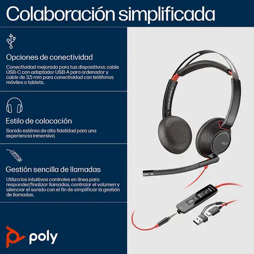 POLY Auriculares Blackwire 5220 estéreo USB-C + conector de 3,5 mm + adaptador USB