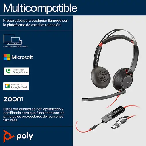 POLY Auriculares Blackwire 5220 estéreo USB-C + conector de 3,5 mm + adaptador USB