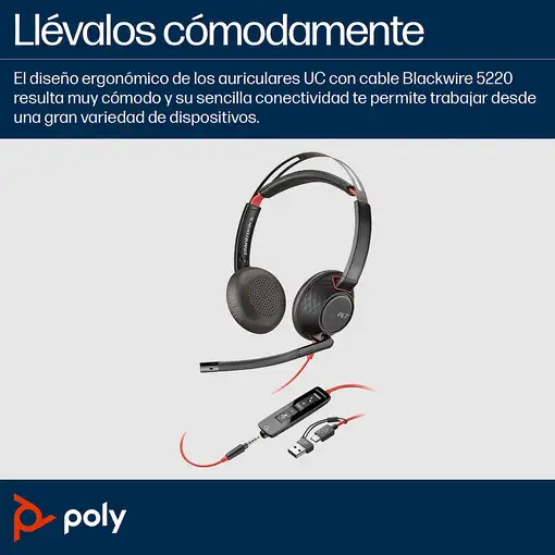 POLY Auriculares Blackwire 5220 estéreo USB-C + conector de 3,5 mm + adaptador USB