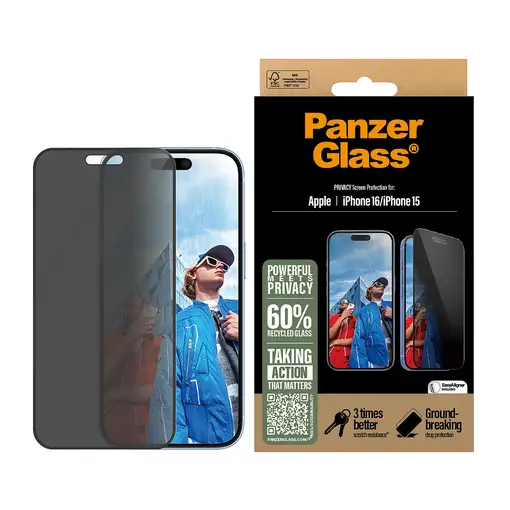 PanzerGlass ® Privacy Screen Protector iPhone 16 | 15 | Ultra-Wide Fit Protector d