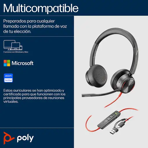 POLY Auriculares estéreo Blackwire 8225 con certificación Microsoft Teams USB-C +