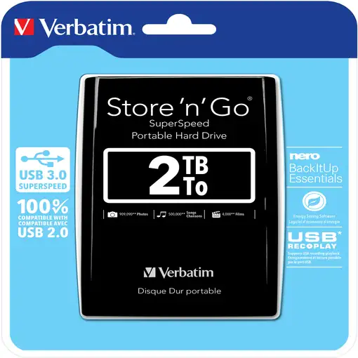 Verbatim Disco Duro Portátil Store 'n' Go USB 3.0 de 2 TB en color Negro