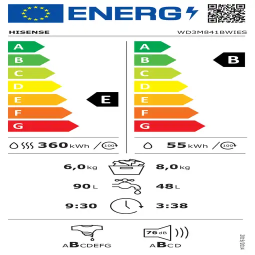Hisense WD3M841BWIES lavadora-secadora Integrado Carga frontal Blanco E