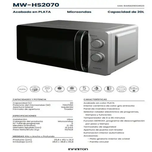 Microondas Infiniton MW-HS2070, 20 l, 700 W, Defrost, Plata