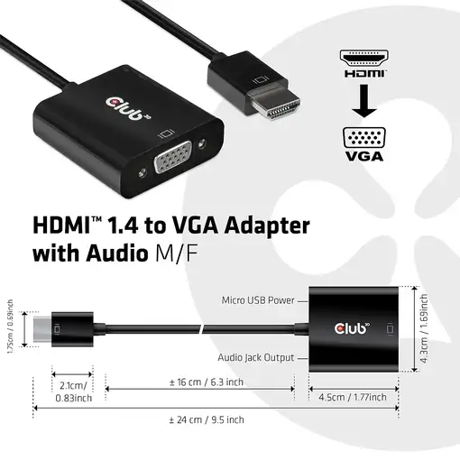 CLUB3D CAC-1302 adaptador de cable de vídeo 0,5 m HDMI tipo A (Estándar) VGA (D-Su