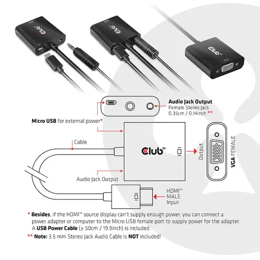 CLUB3D CAC-1302 adaptador de cable de vídeo 0,5 m HDMI tipo A (Estándar) VGA (D-Su