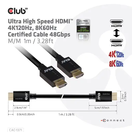 CLUB3D Ultra High Speed HDMI 4K120Hz, 8K60Hz Certified Cable 48Gbps M/M 1 m/3.28 f