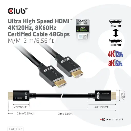 CLUB3D Ultra High Speed HDMI 4K120Hz, 8K60Hz Certified Cable 48Gbps M/M 2 m / 6.56