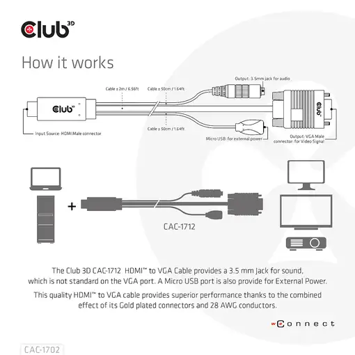 CLUB3D CAC-1712 adaptador de cable de vídeo 2 m VGA (D-Sub) + 3,5mm HDMI + Micro-U