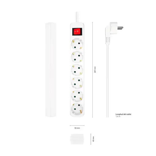AISENS Base Multiple 6 Tomas Con Interruptor Con Cable 3x1.5mm2, Blanco, 1.4m