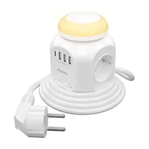 AISENS Regleta de Enchufes Sobremesa Multifuncion con 4 Tomas + 1XUSB-C, 3XUSB-A,