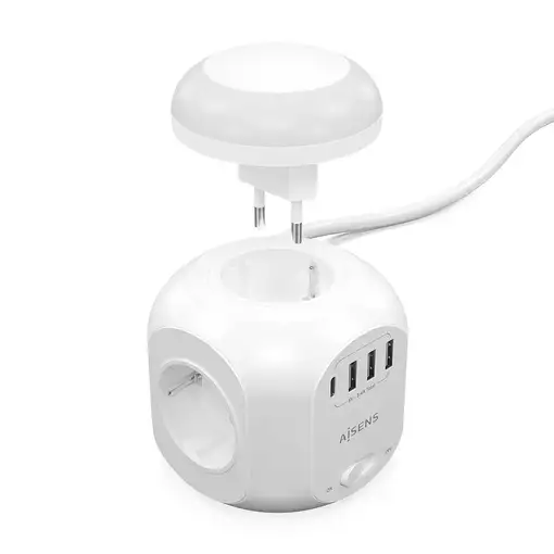 AISENS Regleta de Enchufes Sobremesa Multifuncion con 4 Tomas + 1XUSB-C, 3XUSB-A,