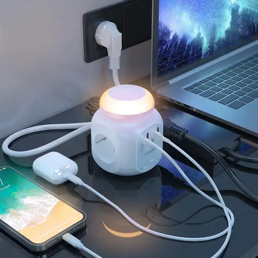 AISENS Regleta de Enchufes Sobremesa Multifuncion con 4 Tomas + 1XUSB-C, 3XUSB-A,