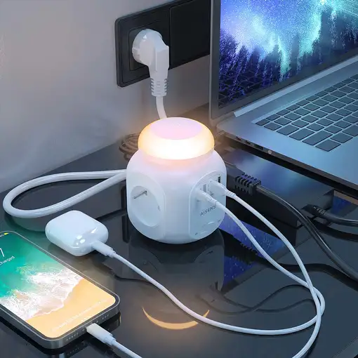 AISENS Regleta de Enchufes Sobremesa Multifuncion con 4 Tomas + 1xUSB-C 20W PD3.0,