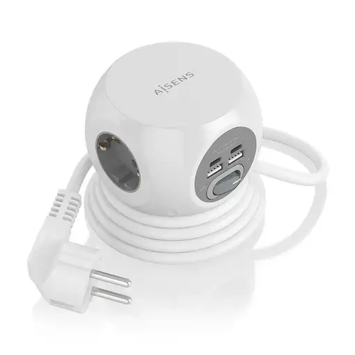 AISENS Regleta de Enchufes Sobremesa Multifuncion con 3 Tomas + 2xUSB-C, 2xUSB-A,