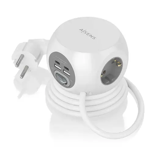 AISENS Regleta de Enchufes Sobremesa Multifuncion con 3 Tomas + 2xUSB-C, 2xUSB-A,