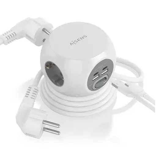 AISENS Regleta de Enchufes Sobremesa Multifuncion con 3 Tomas + 2xUSB-C, 2xUSB-A,