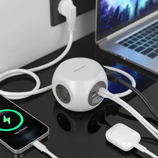 AISENS Regleta de Enchufes Sobremesa Multifuncion con 3 Tomas + 2xUSB-C, 2xUSB-A,
