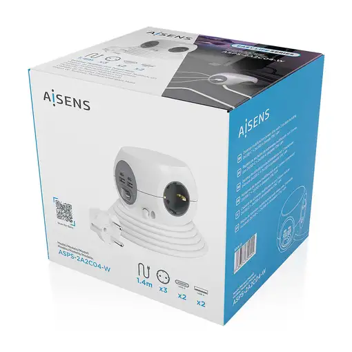 AISENS Regleta de Enchufes Sobremesa Multifuncion con 3 Tomas + 2xUSB-C, 2xUSB-A,