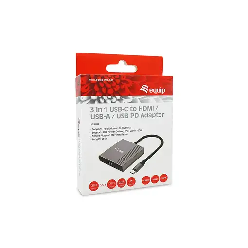 Equip Adaptador 3 en 1 USB-C a HDMI / USB-A / USB PD, 4K/60Hz, 100W USB PD