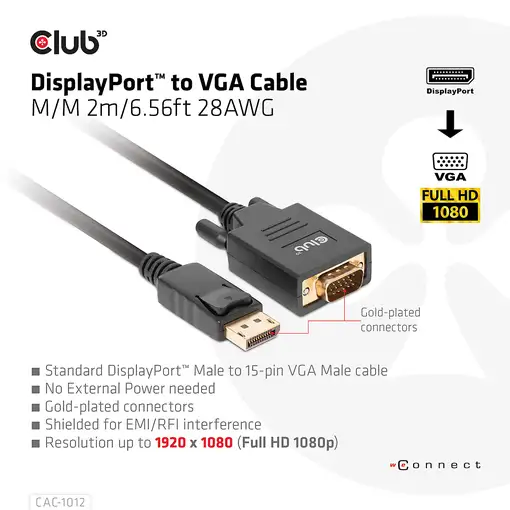CLUB3D CAC-1012 adaptador de cable de vídeo 2 m DisplayPort VGA (D-Sub) Negro