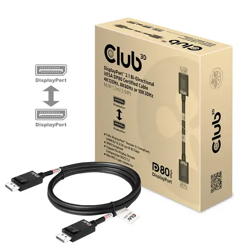 CLUB3D DisplayPort 2.1 Bi-Directional VESA DP80 Certified Cable 4K240Hz, 8K60Hz or