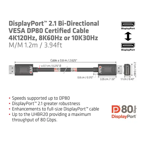 CLUB3D DisplayPort 2.1 Bi-Directional VESA DP80 Certified Cable 4K240Hz, 8K60Hz or
