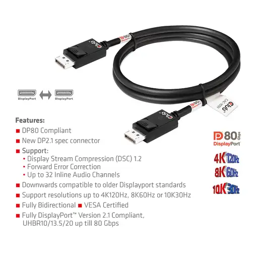 CLUB3D DisplayPort 2.1 Bi-Directional VESA DP80 Certified Cable 4K240Hz, 8K60Hz or