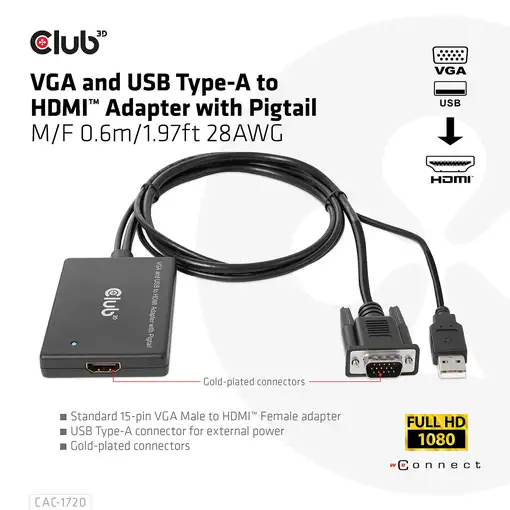 CLUB3D CAC-1720 adaptador de cable de vídeo 0,6 m HDMI tipo A (Estándar) VGA (D-Su