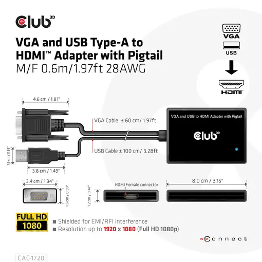 CLUB3D CAC-1720 adaptador de cable de vídeo 0,6 m HDMI tipo A (Estándar) VGA (D-Su